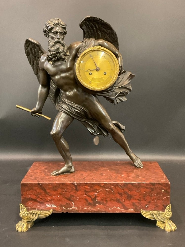 19th Century Bronze "Chronos" Mantle Clock w/ Red Carrara Marble Base (1 of 16)