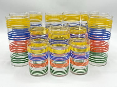 17 Vintage MCM Striped Glass Tumblers & Juice Glasses