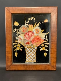 19th C. Foil Art Bouquet Framed Still Life Flowers