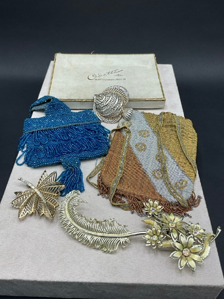 French Beaded Bags and Costume Jewelry Pins: French O'Dette Beaded Bag, Beaded bags and Costume Pins including Coro.