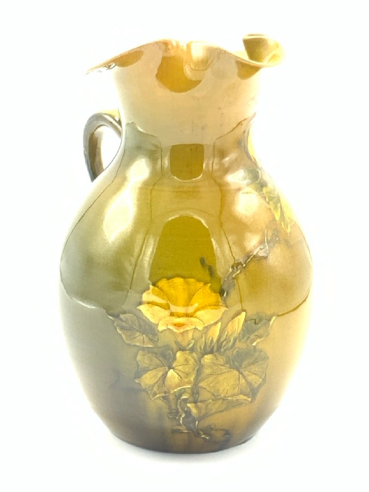 Rookwood Pottery 1888 “Morning Glories” Pitcher by Matthew Andrew Daly: Rookwood 1888 Two Flames “Morning Glories” Signed MAD Matthew Andrew Daly PitcherDimensions: 9” H x 6” W x 5”DGood Condition, Please See Preview Photographs