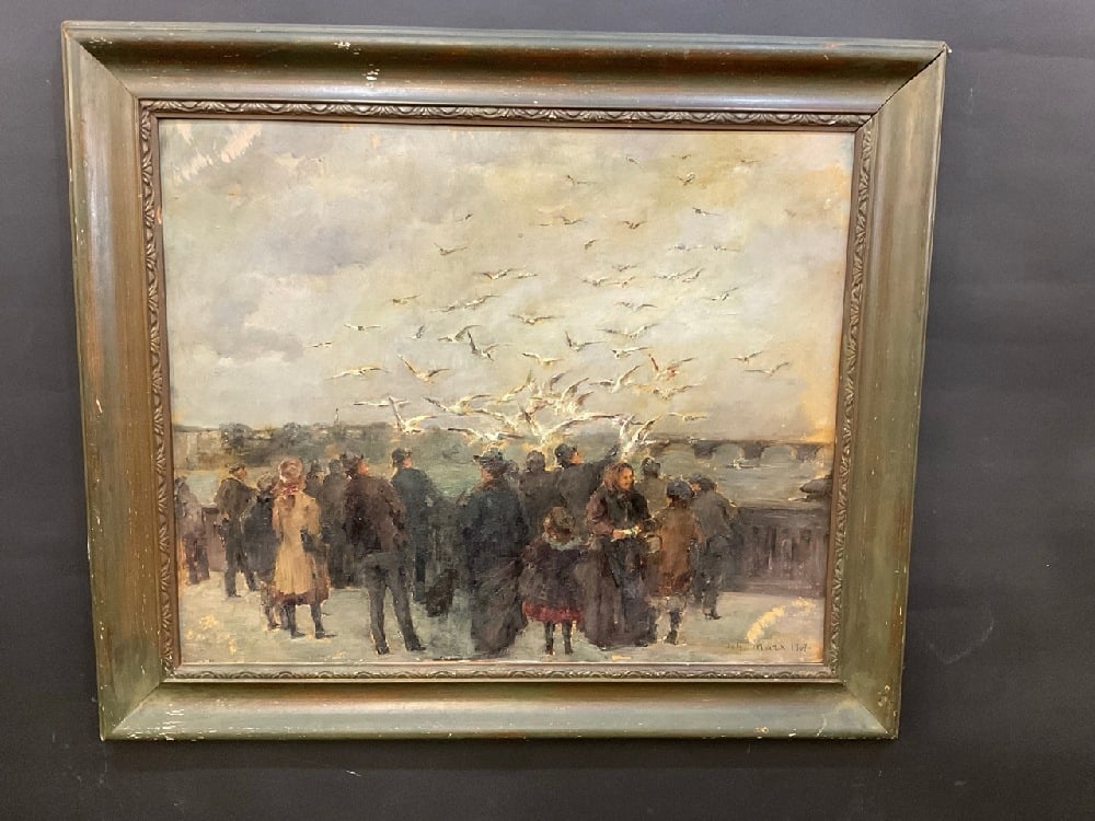 c. 1909 Oil Painting Several Figures with Birds (1 of 5)