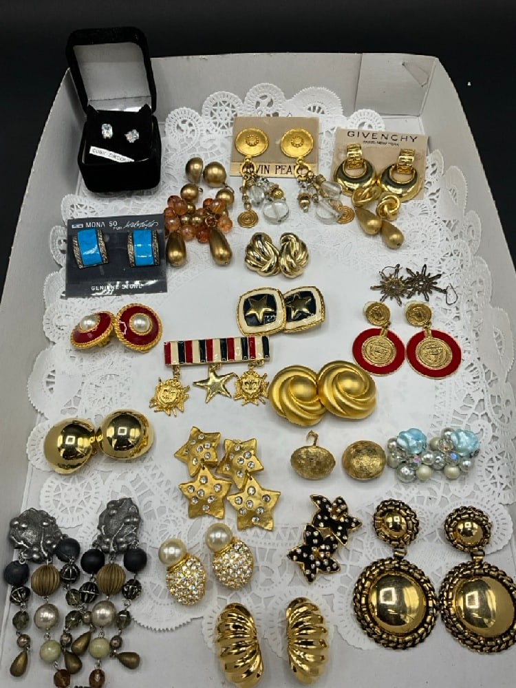 Estate Compiled Costume Jewelry Group: Designer Costume Earrings and Pin Lot Includes Givenchy, Mona, Erwin Pearl21 Pairs of Earrings and One Pin