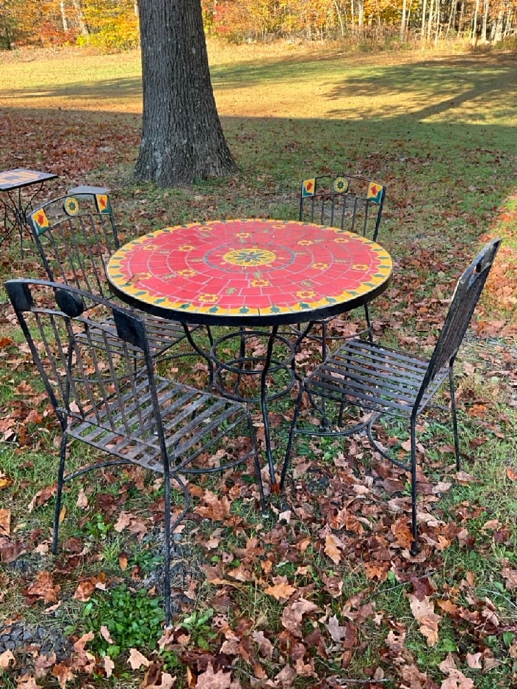Mosaic Tile Top Outdoor Table W/ (4) Chairs: Mosaic Outdoor Table W/ (4) Chairs.Dimensions: Table: 30 1/2” x 36” Chairs: 35” x 16” x 15 1/2”