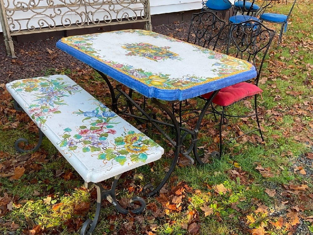 Italian Tile Top Table Hand Painted w/ Wrought Iron Base: Italian Tile Top Table Hand Painted w/ Wrought Iron Base. Matching Bench and Two Wrought Iron Chairs.Dimensions: 30” x 48” x 32” and 19” x 47” x 18” 37” x 16&