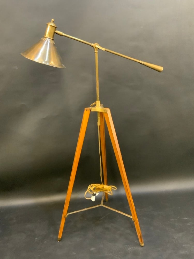 MCM Wood Tripod Brass Floor Lamp (1 of 7)