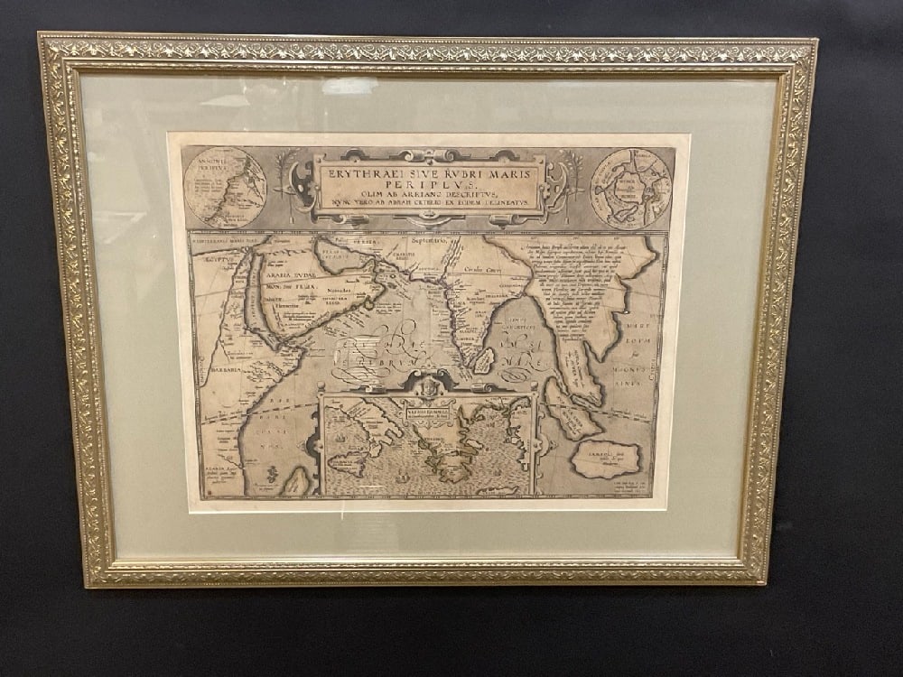 1608 Abraham Ortelius Erythraei Sive Rubri Maris Periplus, Olin ab Adriano descriptus, nunc very ab: c. 1608 Abraham Ortelius Erythraei Sive Rubri Maris Periplus, Olin ab Adriano descriptus, nunc very ab Arab. orelio ex eodem delineatus. A map of the Erythraei Sea with information on trade and naviga