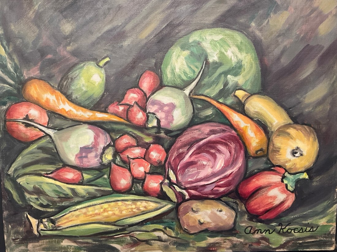 Ann Kocsis (New York 1910-1972) “Vegetables: Ann Kocsis (New York 1910-1972) .Titled: “Vegetables”Oil on canvas.Signed lower right.Dimensions: 24”H x 20”WAnn Kocsis is of New York city was an American Still life painter. A co