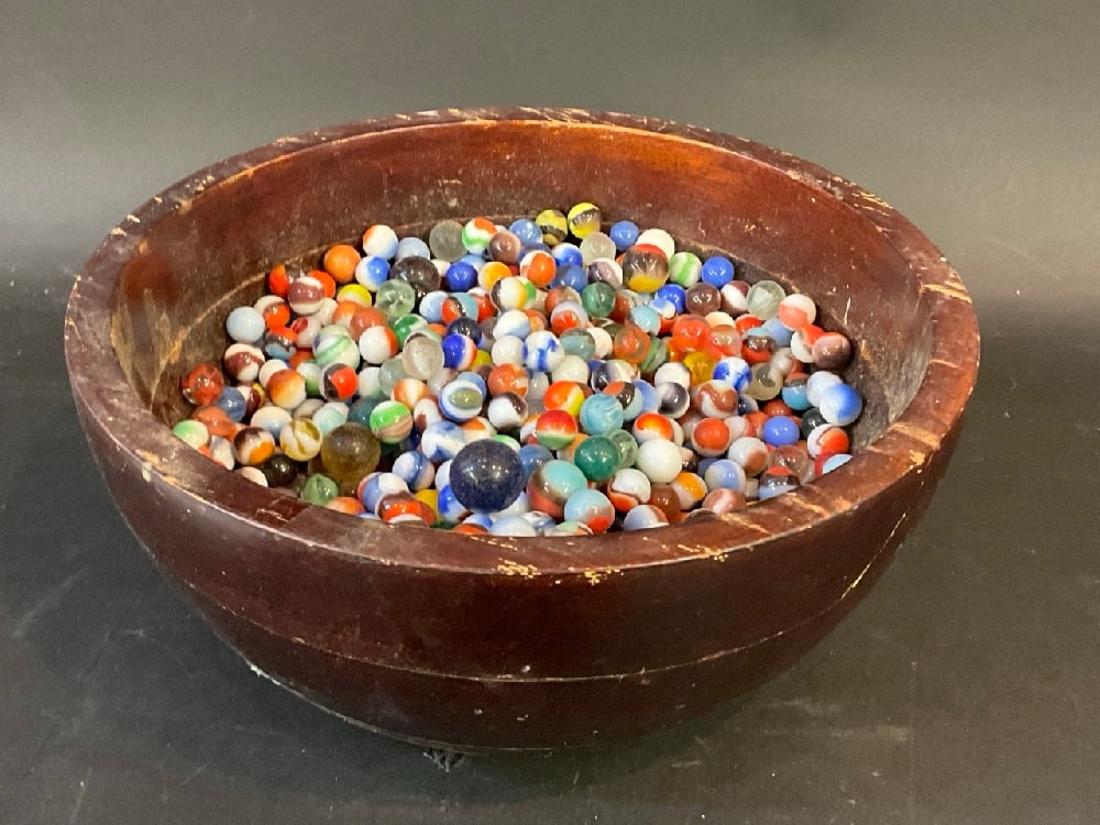 Wooden Bowl Filled with Vintage and Antique Marbles: Wooden Bowl Filled with Vintage and Antique Marbles. Estate found collection. Weight marbles only 10lbs