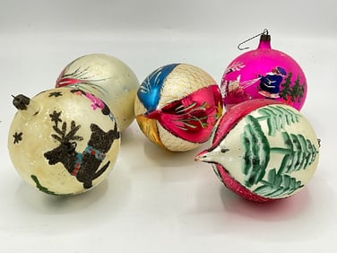 Five (5) Antique Hand Painted Glass Ornaments