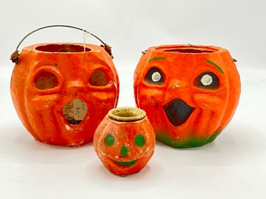 Three (3) Papier Mache Vintage Jack-O-Lantern  Pumpkins