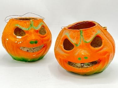 Two (2)  Angry Papier Mache Jack-O-Lantern Pumpkins