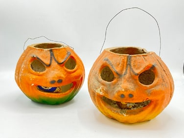 Two (2) Angry Papier Mache Jack-O-Lantern Pumpkins
