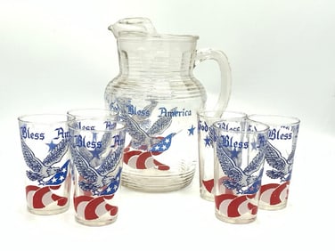 Patriotic God Bless America Pitcher and Six (6) Glasses