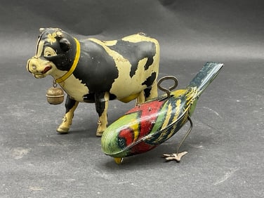 Vintage Tin Toy Japan Cow Windup and Pecking Bird