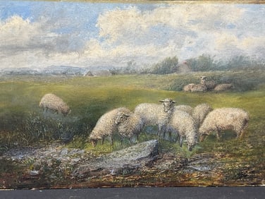 19th c. Oil Painting, Sheep with Shawangunk Ridge in Distance