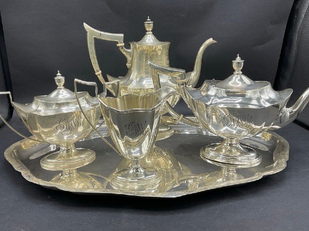 Gorham Plymouth Sterling Silver Tea Service: Gorham Plymouth Sterling Silver Tea Service. Teapot, Coffee Pot, Sugar and Creamer set on top of large 20" tray. 8 pounds or 116.67 troy ounces. Dimensions: 10” x 10 1/2” and 7 1/2”