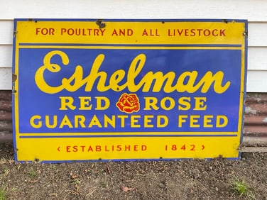 Vintage Enamel Eshelman Red Rose Guaranteed Feed Sign