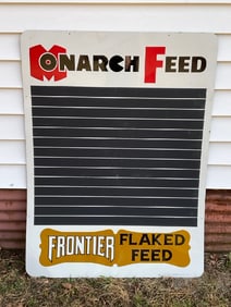 Vintage Monarch Feed Frontier Flaked Feed Advertising Menu Metal Sign
