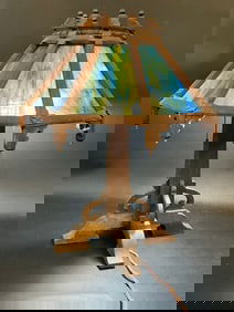 Mission Period Arts and Crafts Oak Table Lamp w/ Blue Slag Glass