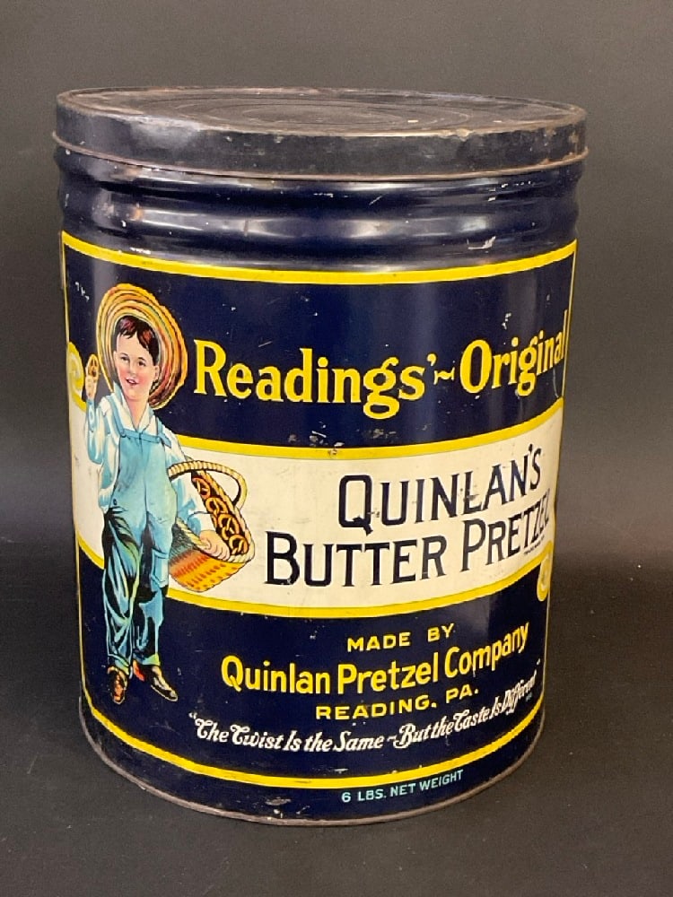 Quinton’s Butter Pretzels Amish Redding, Pennsylvania 6 Pound Kettle Container: Quinton’s Butter Pretzels Amish Redding, Pennsylvania 6 Pound Kettle Container. Dimensions: 16" X 12 1/2"