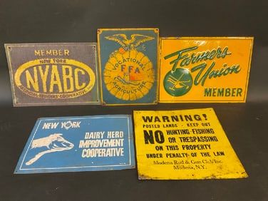 Metal NYABC, FFA Agriculture, Farmers Union. NY Dairy Herd Improvement, Warning No Hunting Signs