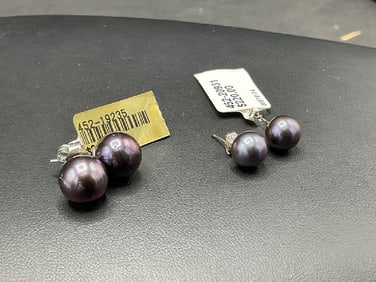 Two (2) Pairs, 14K  Black Dyed Acoya Pearl Earrings