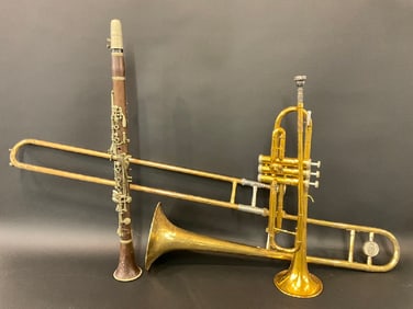 Three (3) Musical Instruments-Trombone, Trumpet and Clarinet