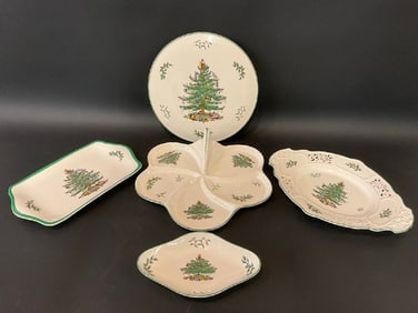 (5) Five Spode Christmas Tree Porcelain Serving Pieces