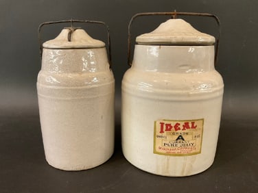 (2) Two Antique Stoneware Crocks - IDEAL Currant Pure Jelly