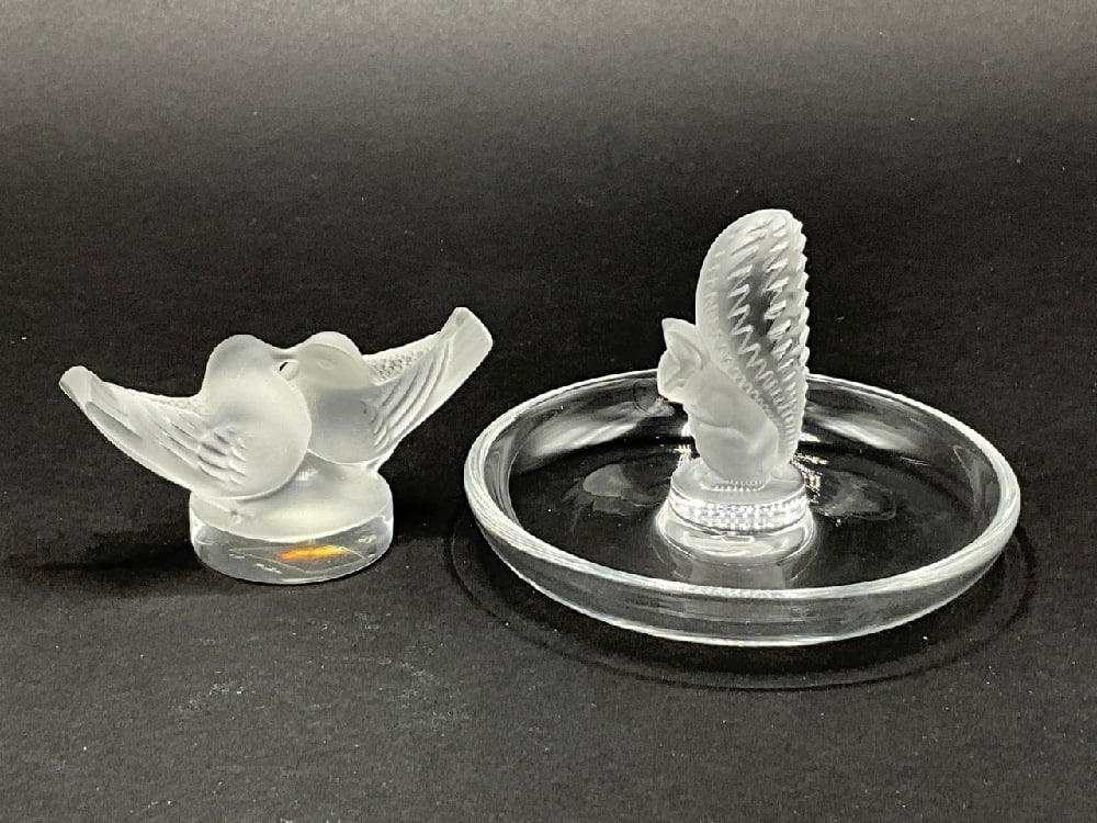 Lalique Crystal Love Birds and Squirrel Jewelry Dish: Lalique Crystal Love Birds and Squirrel Jewelry Dish. Dimensions: 3” x 4” and 2” x 3”