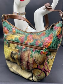 Anuschka "Floral Stoop with Bicycle" Hand Painted Leather Handbag