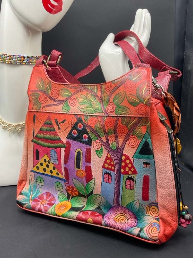 Anuschka "Folk Art Houses with Garden Flowers" Hand Painted Leather Handbag (1 of 5)