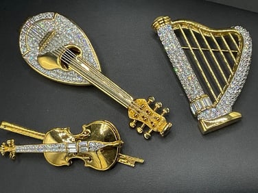 Three (3) Swarovski Crystal Musical Instruments Pins