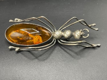 Sterling Silver Amber Figural Grasshopper Pin