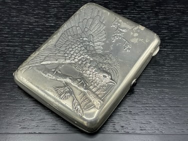 Handsome Russian Silver Cigarette Case w/ Blue Sapphire Cabochon