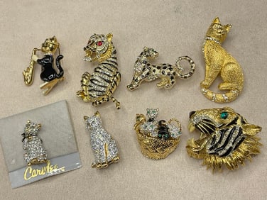 Eight (8) Costume Jewelry Cat Pins.. Christian Dior, Carolee..