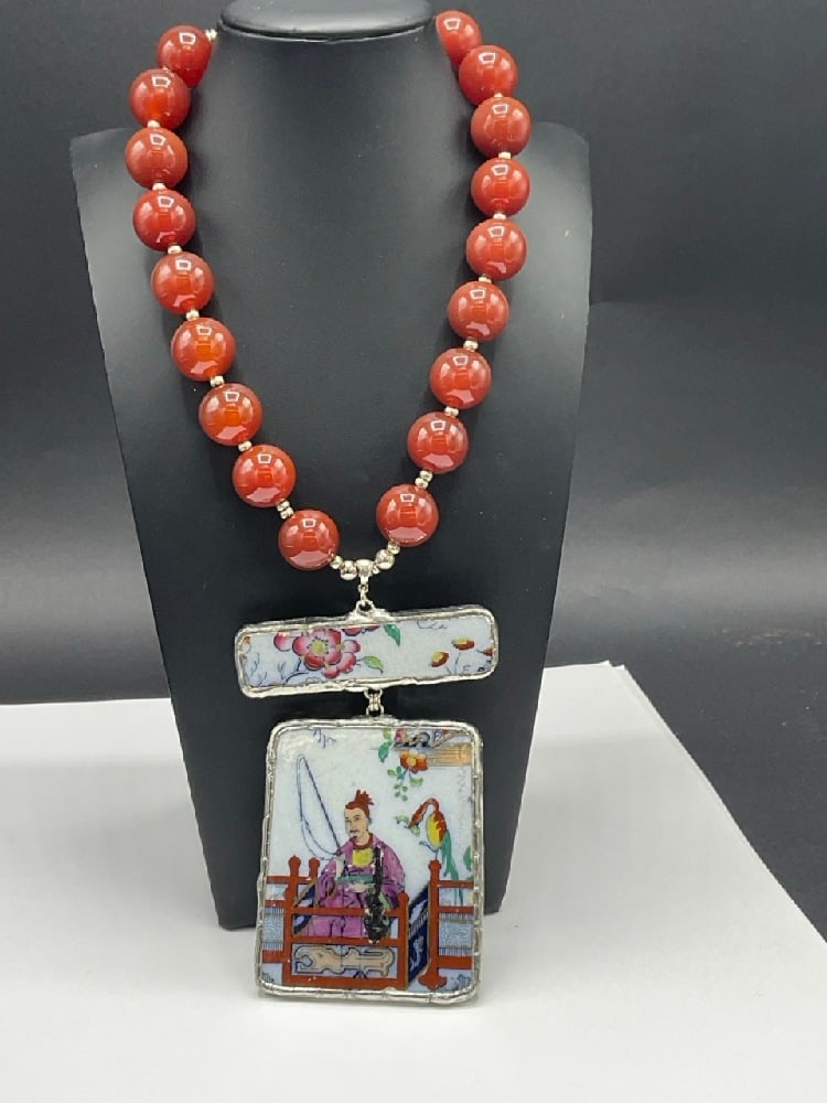 Outstanding Chinese Porcelain Shard Necklace wtih Carnelian Stones (1 of 5)