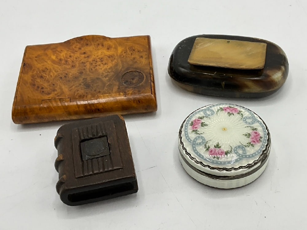 Antique Snuff and Related Miniature Boxes: Lot of Pill Boxes Including Sterling Silver and Horn Box Dimensions - Lg box - 3” x 3 1/2” Sm box - 2” x 2”