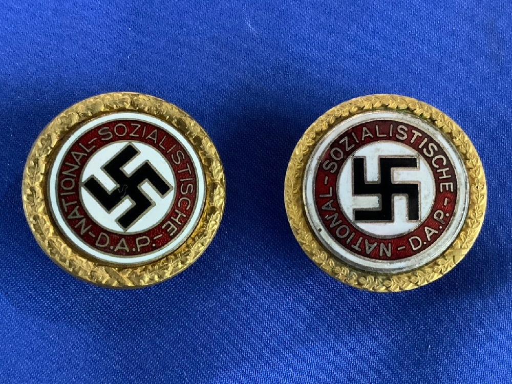 WWII German NSDAP Nazi Party Golden Badge Large Size Badge: WWII German NSDAP Nazi Party Golden Badge Large Size Badge Dimensions: 1 1/4” x 1 1/4”
