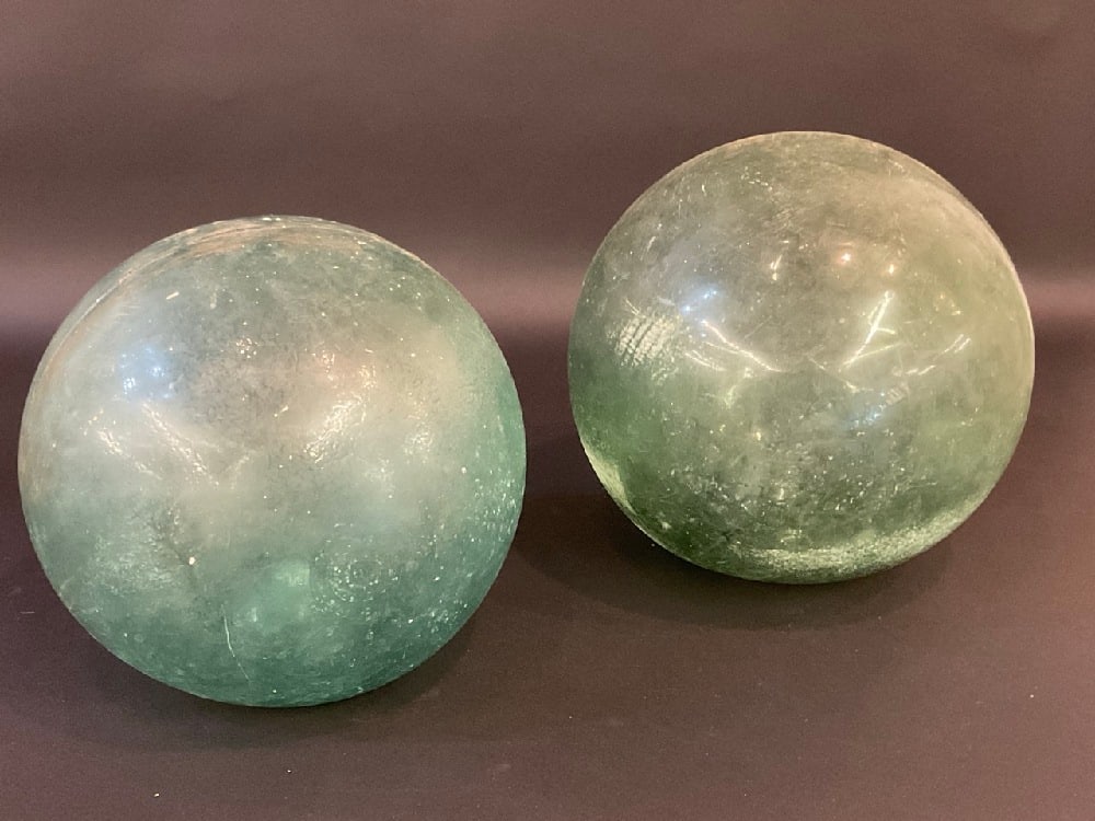 Vintage 10?? and 11?? Buoy Balls Aqua Glass: Vintage 10” and 11” Buoy Balls Aqua Glass.
