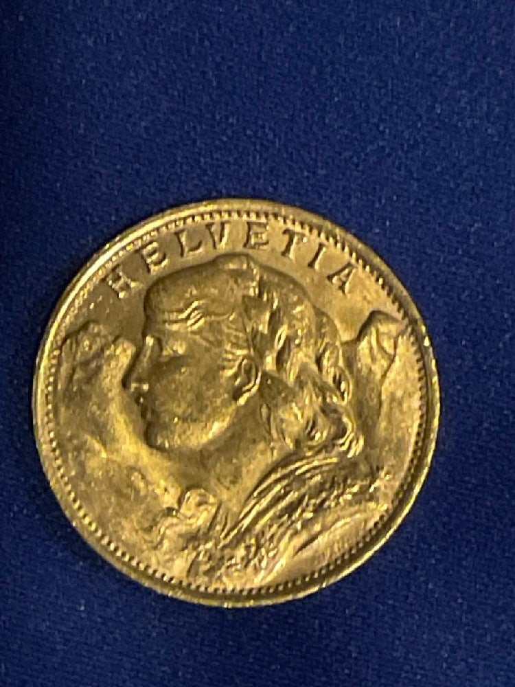 Switzerland 20 Francs Helvetia Gold Coin 1934: Switzerland 20 Francs Helvetia Gold Coin 1934..900 Gold. Total weight: 6.45 grams.