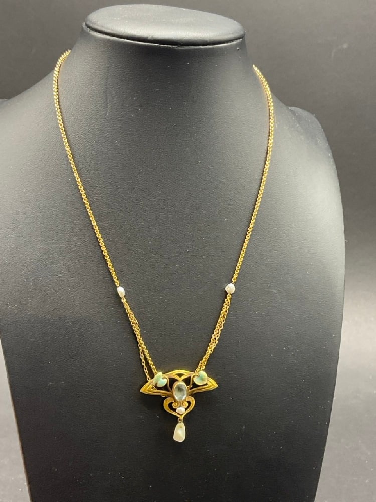 Illegibly Signed Art Nouveau 14K Gold Enameled Necklace w/ Aquamarine Stone (1 of 7)