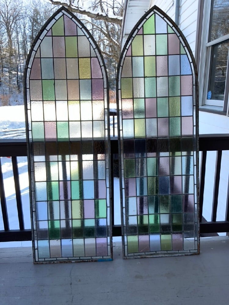 Pair Of Antique Stained Glass Arch Top Cathedral Windows (1 of 9)