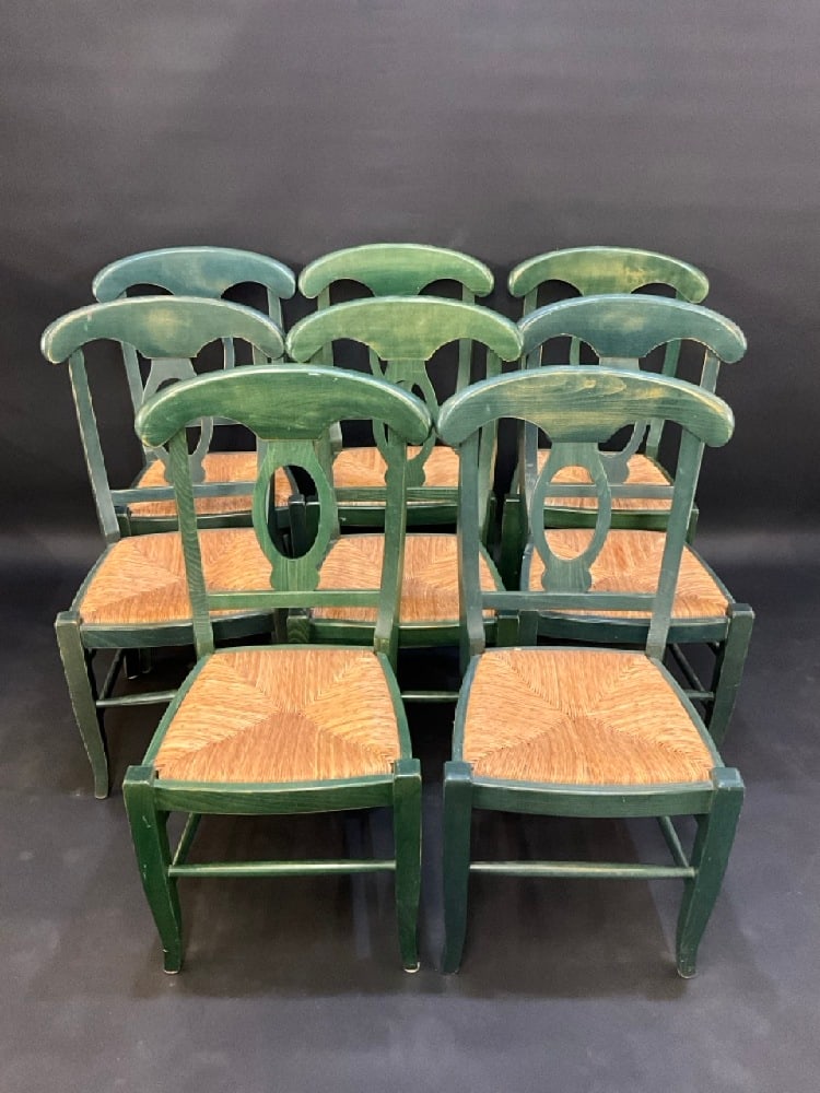 8 Vintage Pottery Barn Scroll Back Green Dining Chairs: 8 Vintage Pottery Barn Scroll Back Green Dining Chairs.Dimensions 37” X 19.5” X 21.5”Please see photograph preview
