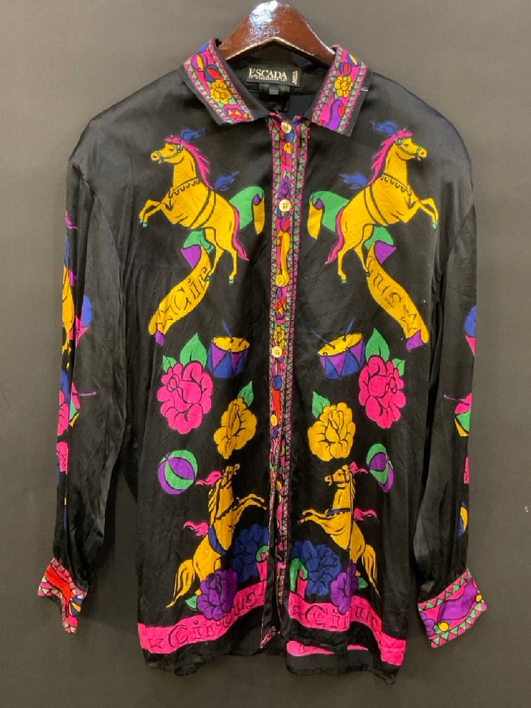 Vintage 1990s Escada by Margaretha Circus Silk Blouse: Vintage 1990s Escada by Margaretha Circus Silk Blouse Size - 44 - Length - 29”, Bust - 44”, Sleeve - 22 1/2”