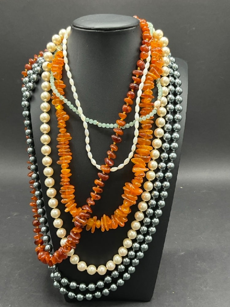 Six (6) Assorted Necklaces Amber Pearls Etc (1 of 4)