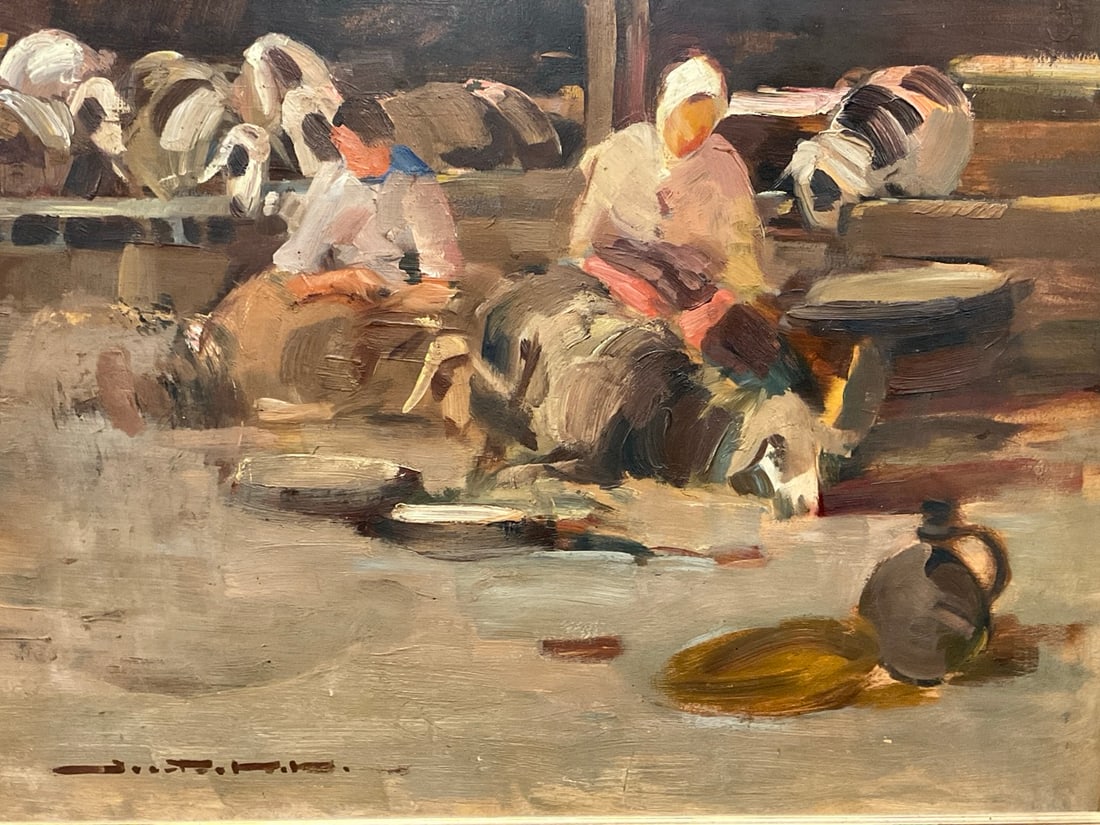 Illegibly Signed Dutch Oil on Board Barnyard Scene (1 of 6)