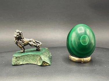 Sterling Silver Lion on Malachite Stone and Malachite Curio Egg