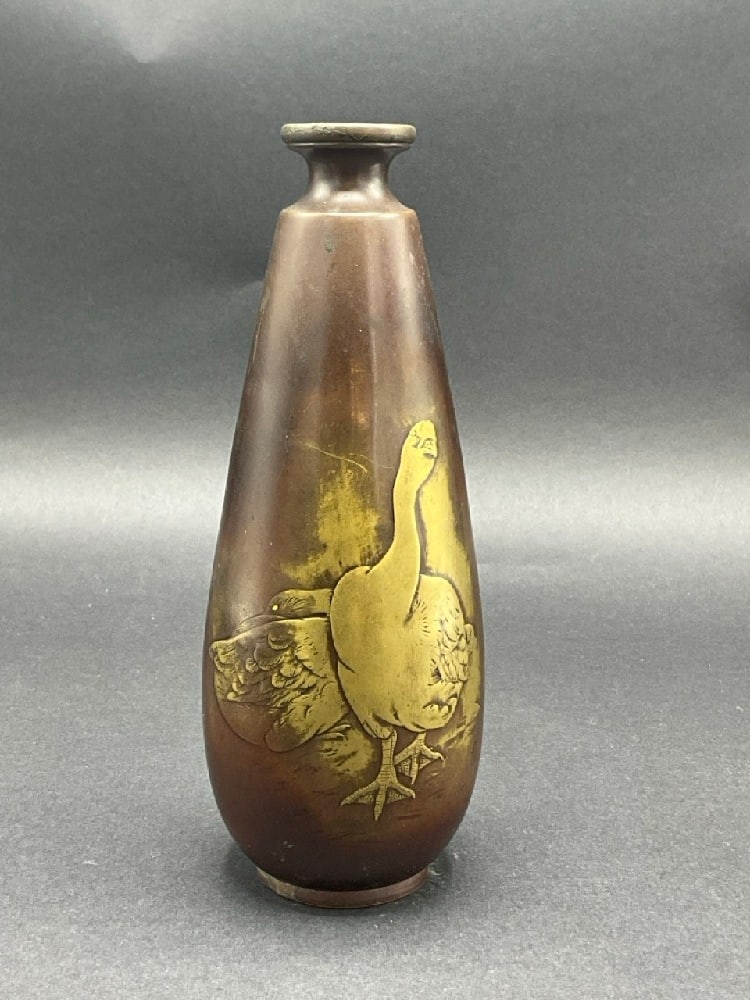 Signed Japanese Meiji Bronze Vase with Goose (1 of 7)